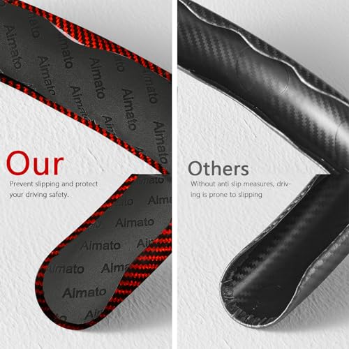 Aimato Car Steering Wheel Cover 3 Piece Bright Carbon Fiber Steering Wheel Covers NonSlip Steering Wheel Cover Protector Great Grip Universal Car Accessories Decoration for 14515 inch Red - Image 3