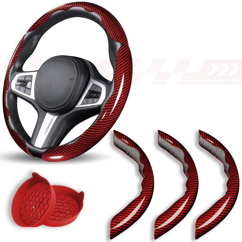 Aimato Car Steering Wheel Cover 3 Piece Bright Carbon Fiber Steering Wheel Covers NonSlip Steering Wheel Cover Protector Great Grip Universal Car Accessories Decoration for 14515 inch Red - Image 2