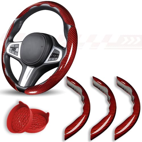 Aimato Car Steering Wheel Cover 3 Piece Bright Carbon Fiber Steering Wheel Covers NonSlip Steering Wheel Cover Protector Great Grip Universal Car Accessories Decoration for 14515 inch Red - Image 1