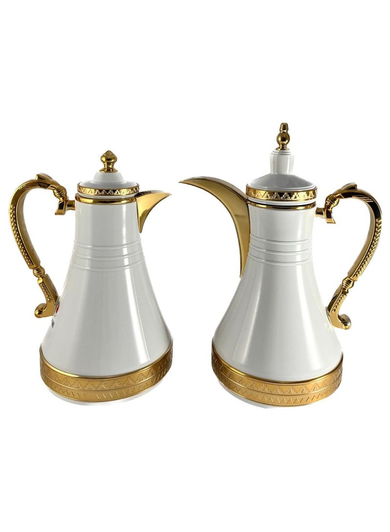 Homemaker 2-Piece Tea & Coffee Flask - 0.75 Liter & 1 Liter Capacity - Glass Inner - Steel Body - White & Gold - Image 1