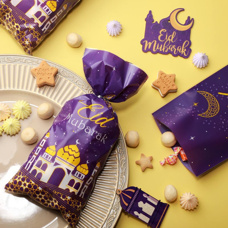 Blulu 100 Pcs Eid Mubarak Party Treat Bags, Ramadan Theme Printed Pattern Gift Cellophane Clear Plastic Goodie Favor Bags with Silver Twist Ties for Eid Mubarak Party (Purple Gold) - Image 4