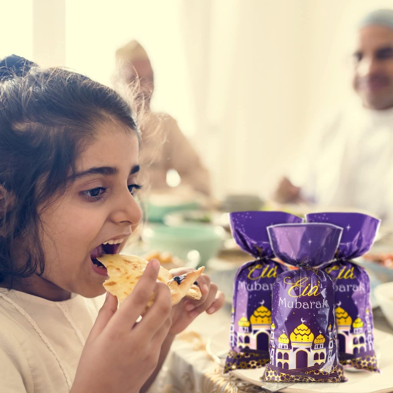 Blulu 100 Pcs Eid Mubarak Party Treat Bags, Ramadan Theme Printed Pattern Gift Cellophane Clear Plastic Goodie Favor Bags with Silver Twist Ties for Eid Mubarak Party (Purple Gold) - Image 5