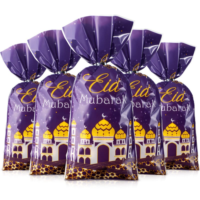 Blulu 100 Pcs Eid Mubarak Party Treat Bags, Ramadan Theme Printed Pattern Gift Cellophane Clear Plastic Goodie Favor Bags with Silver Twist Ties for Eid Mubarak Party (Purple Gold) - Image 1