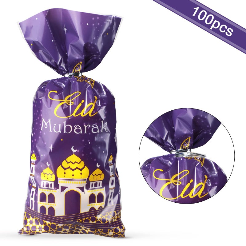 Blulu 100 Pcs Eid Mubarak Party Treat Bags, Ramadan Theme Printed Pattern Gift Cellophane Clear Plastic Goodie Favor Bags with Silver Twist Ties for Eid Mubarak Party (Purple Gold) - Image 3
