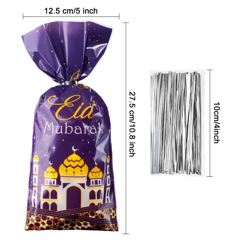 Blulu 100 Pcs Eid Mubarak Party Treat Bags, Ramadan Theme Printed Pattern Gift Cellophane Clear Plastic Goodie Favor Bags with Silver Twist Ties for Eid Mubarak Party (Purple Gold) - Image 2
