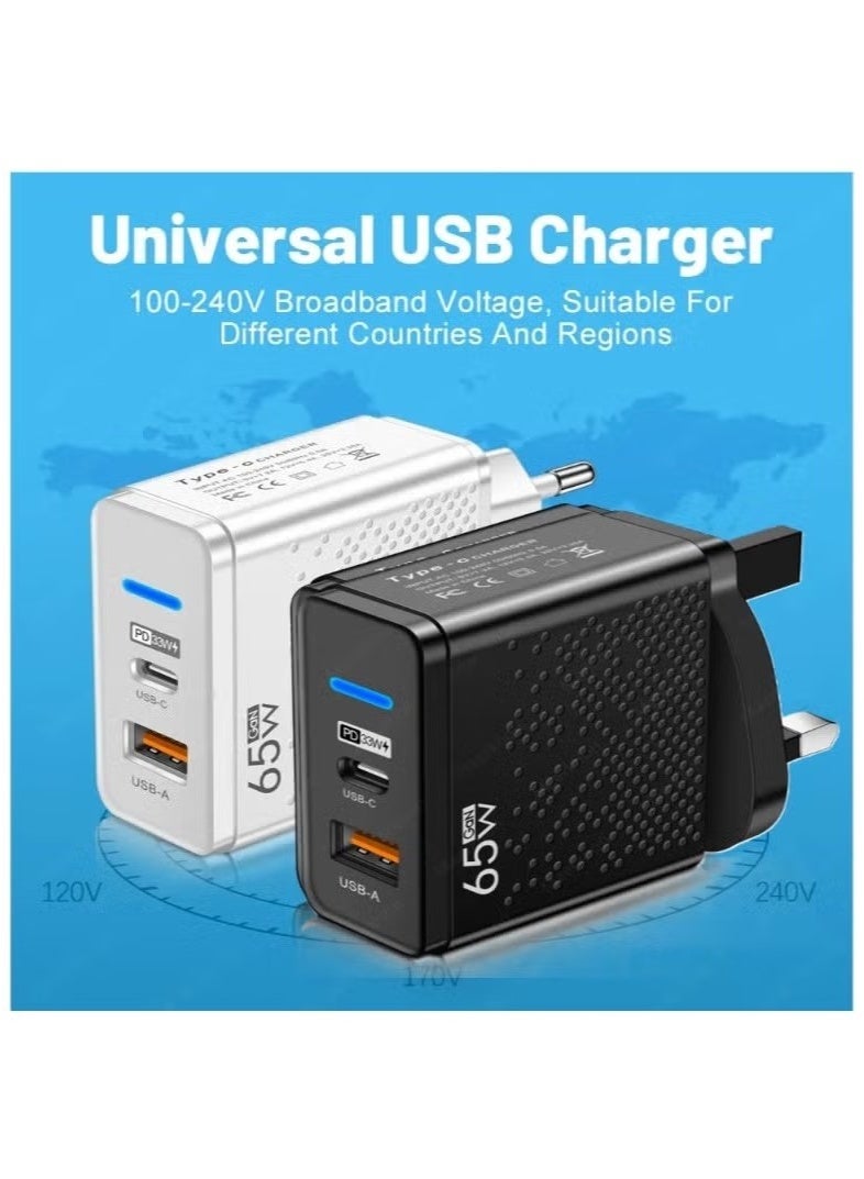 شاحن GaN USB-C بقوة 65 وات - قابس حائط بمنفذين من النوع C وUSB-A، محول شحن سريع صغير الحجم لأجهزة الكمبيوتر المحمولة والأجهزة اللوحية والهواتف - Image 2
