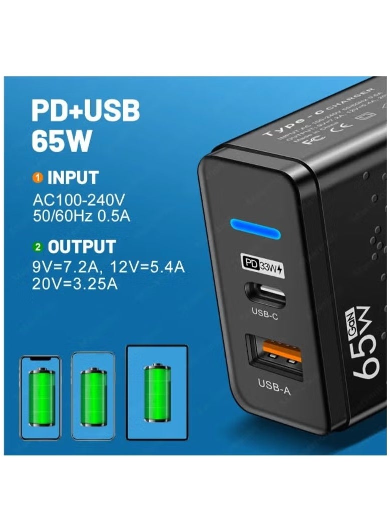 شاحن GaN USB-C بقوة 65 وات - قابس حائط بمنفذين من النوع C وUSB-A، محول شحن سريع صغير الحجم لأجهزة الكمبيوتر المحمولة والأجهزة اللوحية والهواتف - Image 3