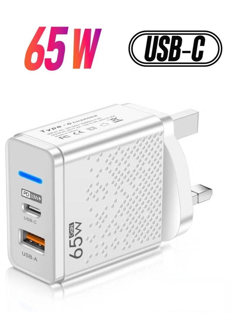 شاحن GaN USB-C بقوة 65 وات - قابس حائط بمنفذين من النوع C وUSB-A، محول شحن سريع صغير الحجم لأجهزة الكمبيوتر المحمولة والأجهزة اللوحية والهواتف - Image 1