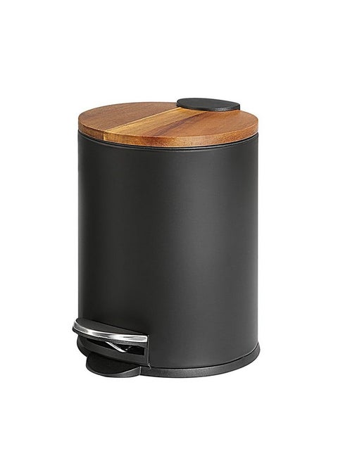 SunnyPoint 3L Mini Trash Can with Wooden Lid, Step Pedal & Slow-Close, Small Garbage Bin for Bathroom, Office, Kitchen, RV - with Removable Inner Bucket (BLK)