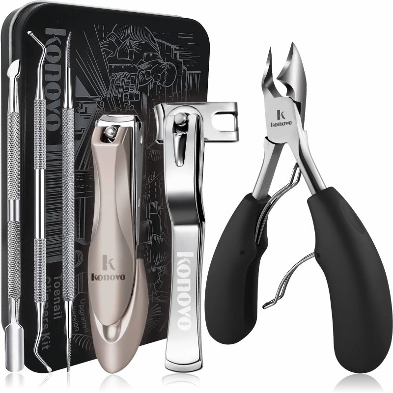 konovo Toenail Clippers for Seniors Thick Toenails Toe Nail Clippers Adult Thick Nails Long Handle Heavy Duty Nail Clippers Kit 6Pcs Black