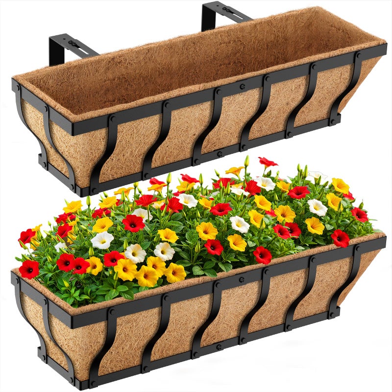 VOXOR Railing Planter Boxes, Heavy Duty Window Box Planters, Adjustable Balcony Planters for Railing Hanging, with Coco Liner & Support Rod for Deck, Porch, and Patio Gardening (2 Pack, 24 Inch) - Image 1