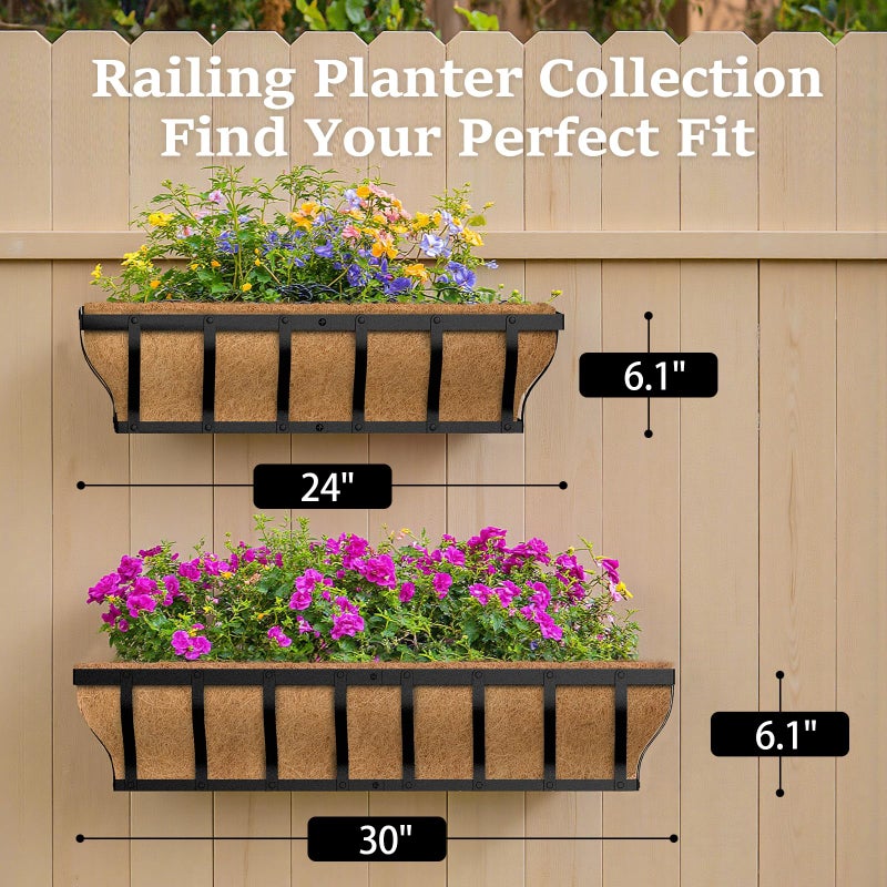 VOXOR Railing Planter Boxes, Heavy Duty Window Box Planters, Adjustable Balcony Planters for Railing Hanging, with Coco Liner & Support Rod for Deck, Porch, and Patio Gardening (2 Pack, 24 Inch) - Image 5
