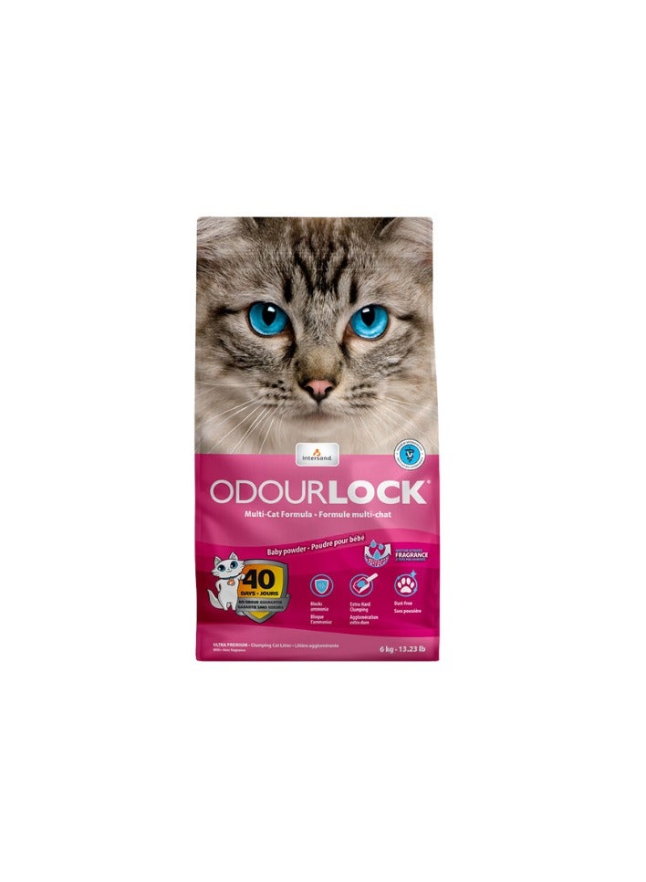 INTERSAND Odourlock Baby Powder 6Kg, Multi Cat formula, Cat litter Blocks ammonia, 99.9% Dust free, No Tracking, 40days No Odor,Vet Approved, Dust free cat litter, vet approved cat litter, multi cat formula cat litter, cat litter, clay cat litter