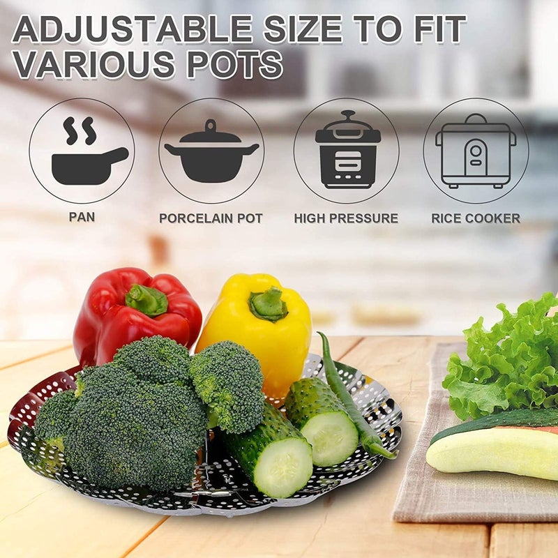 Adjustable Steam Strainer to Fit Various Pots Stainless Steel Metal Steam Basket, Foldable Steam Baskets for Cooking, Expandable Fits Various Sizes (Silver, Medium) - Image 4