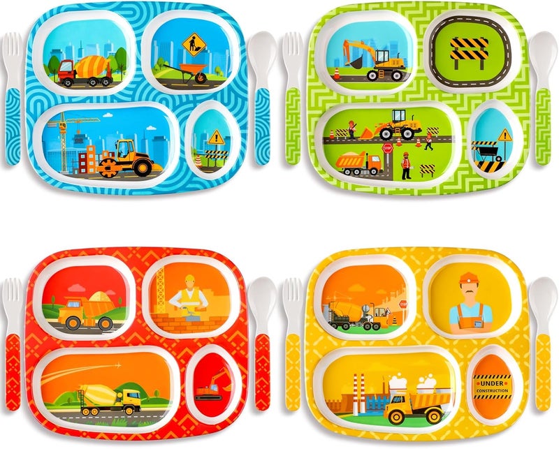 Hoolerry Hoolerry 4 Set Dinner Plate for Kids Boys Girls Dinnerware Divided Plates with Fork and Spoon Elk Shark Dinosaur Vehicle Excavator Unicorn Kids Dishes for Top Rack Dishwasher SafeExcavator - Image 1