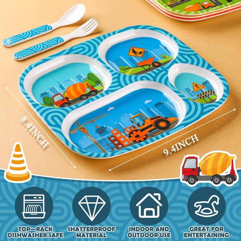 Hoolerry Hoolerry 4 Set Dinner Plate for Kids Boys Girls Dinnerware Divided Plates with Fork and Spoon Elk Shark Dinosaur Vehicle Excavator Unicorn Kids Dishes for Top Rack Dishwasher SafeExcavator - Image 2