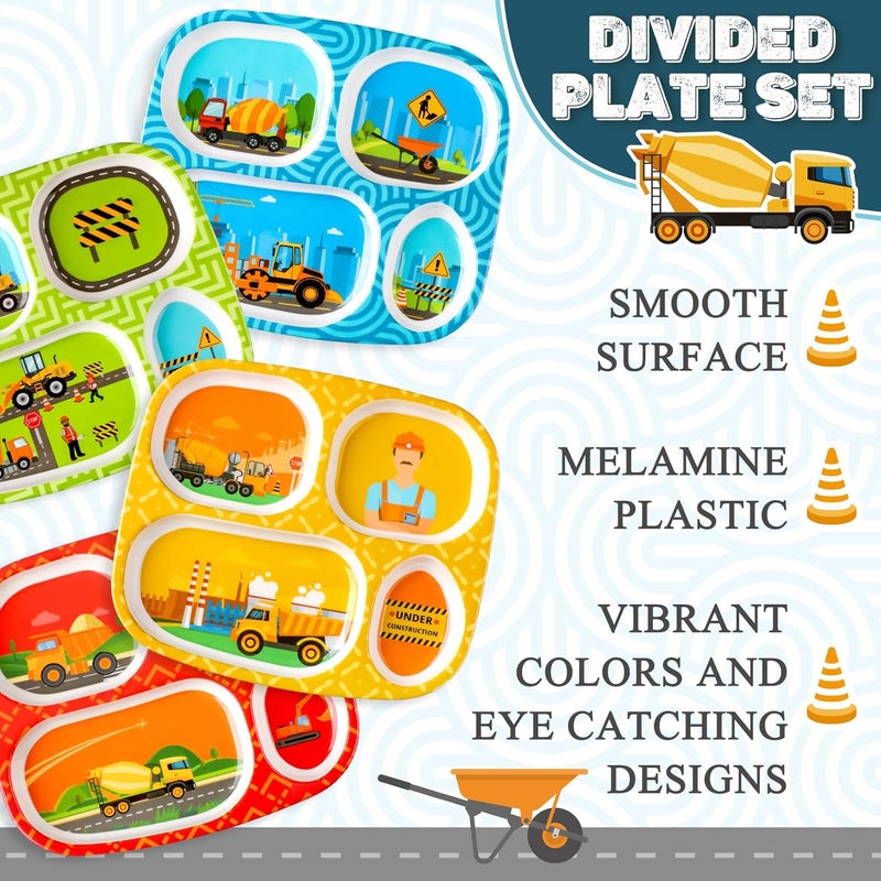 Hoolerry Hoolerry 4 Set Dinner Plate for Kids Boys Girls Dinnerware Divided Plates with Fork and Spoon Elk Shark Dinosaur Vehicle Excavator Unicorn Kids Dishes for Top Rack Dishwasher SafeExcavator - Image 3