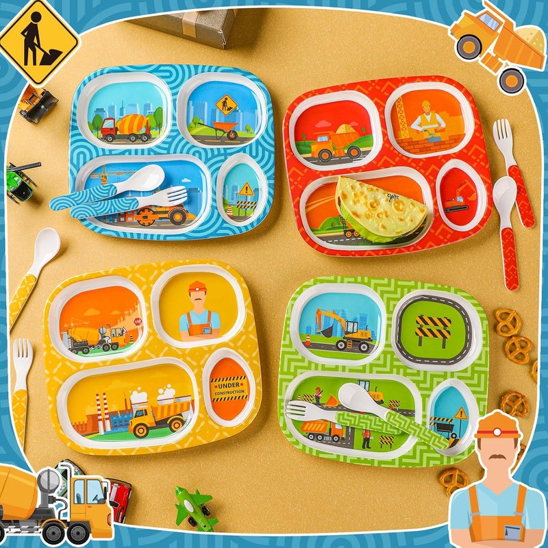 Hoolerry Hoolerry 4 Set Dinner Plate for Kids Boys Girls Dinnerware Divided Plates with Fork and Spoon Elk Shark Dinosaur Vehicle Excavator Unicorn Kids Dishes for Top Rack Dishwasher SafeExcavator - Image 4