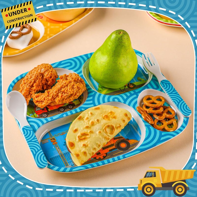 Hoolerry Hoolerry 4 Set Dinner Plate for Kids Boys Girls Dinnerware Divided Plates with Fork and Spoon Elk Shark Dinosaur Vehicle Excavator Unicorn Kids Dishes for Top Rack Dishwasher SafeExcavator - Image 5