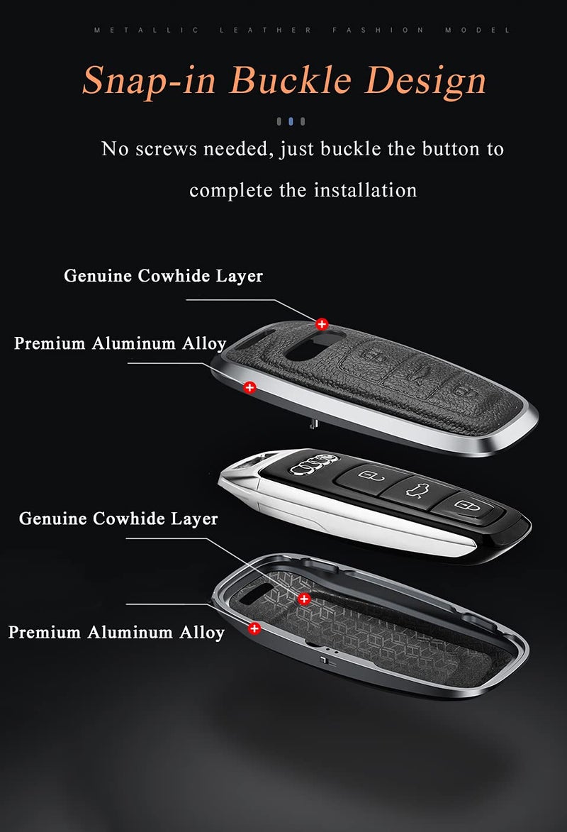 SANRILY 1Pcs Keyless Black Key Fob Cover fit for Audi A6 A7 A8 2020 2021 E-tron Q8 Q7 Metal Leather Key Protector Case Shell with Keychain - Image 4