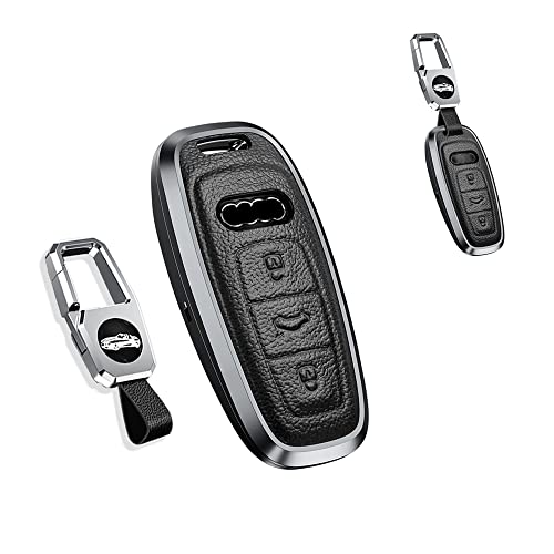 SANRILY 1Pcs Keyless Black Key Fob Cover fit for Audi A6 A7 A8 2020 2021 E-tron Q8 Q7 Metal Leather Key Protector Case Shell with Keychain - Image 1