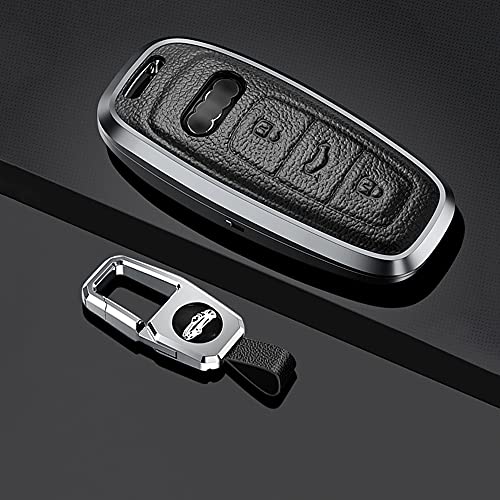 SANRILY 1Pcs Keyless Black Key Fob Cover fit for Audi A6 A7 A8 2020 2021 E-tron Q8 Q7 Metal Leather Key Protector Case Shell with Keychain - Image 3