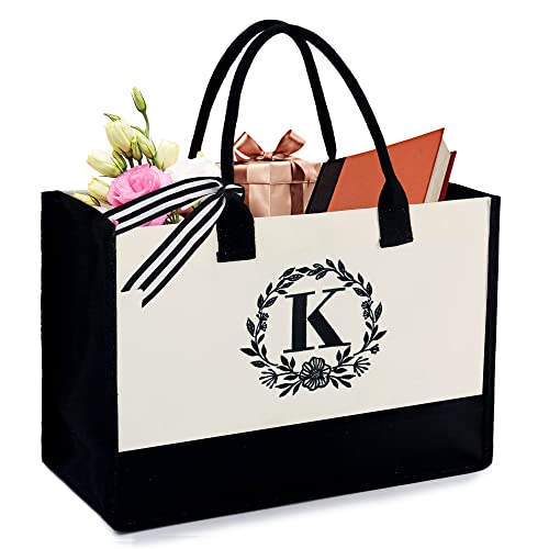 BeeGreen Monogram Tote Bags Personalized Canvas Gift Bag for Women Teacher Mom Friend Bride Female Coworkers Gift large Baskets Empty for Birthday Beach Wedding Work Unique Cute Basket (Letter K) - Image 1
