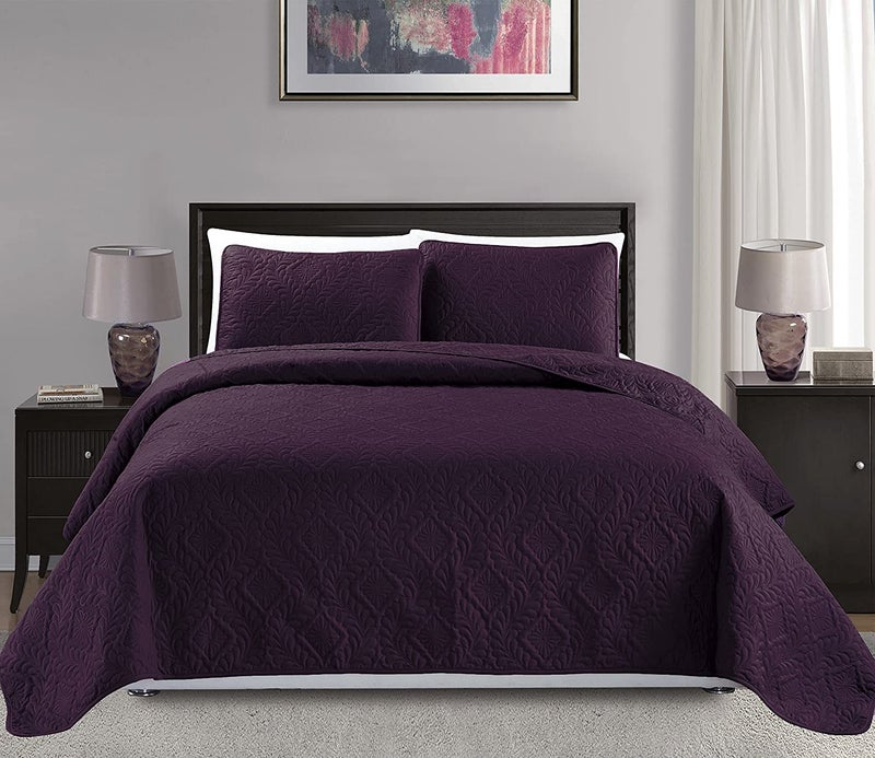 Mk Collection FullQueen Size Over Size 100x106 3pc Diamond Bedspread BedCover Embossed Solid Dark Purple New