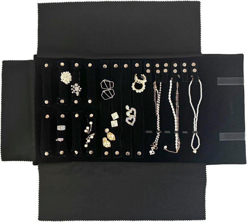 UnionPlus Velvet Jewelry Case Roll Bag for Necklace Bracelet Earrings Rings Multi-compartments, Great Jewelry Organizer for Travel, Black - Image 1