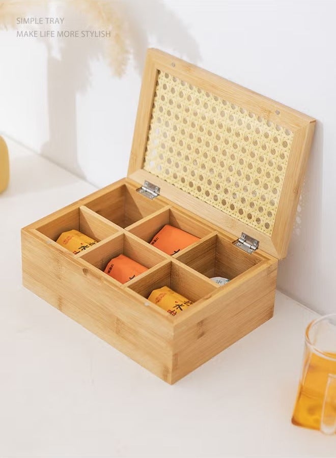 FLYROAD Tea Box,Tea Organizer with Bamboo Woven Decorative Lid, 6 Compartment Eco-Friendly Tea Bag Organizer, Multi-Functional Organizer for Tea Bags, Coffee Beans, Sugar, and more - Image 2