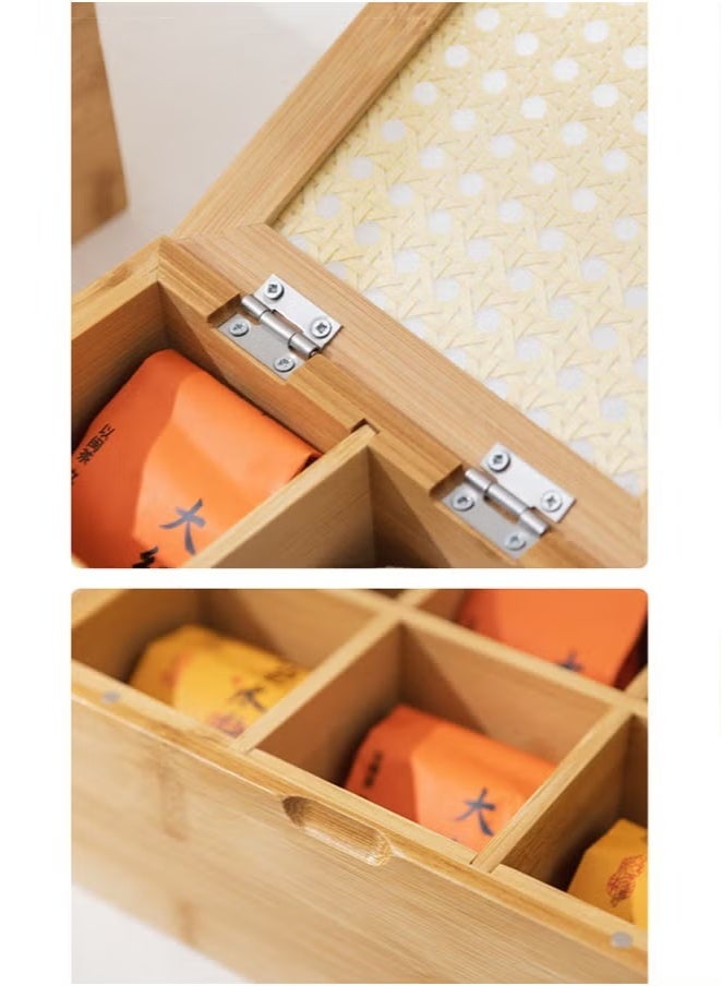 FLYROAD Tea Box,Tea Organizer with Bamboo Woven Decorative Lid, 6 Compartment Eco-Friendly Tea Bag Organizer, Multi-Functional Organizer for Tea Bags, Coffee Beans, Sugar, and more - Image 3