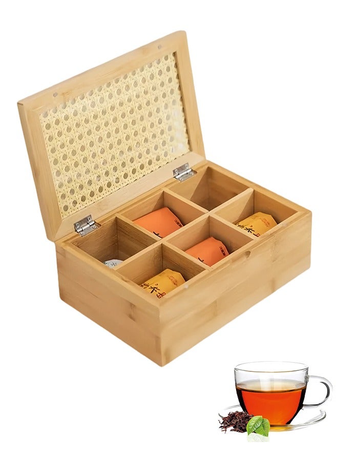 FLYROAD Tea Box,Tea Organizer with Bamboo Woven Decorative Lid, 6 Compartment Eco-Friendly Tea Bag Organizer, Multi-Functional Organizer for Tea Bags, Coffee Beans, Sugar, and more - Image 1
