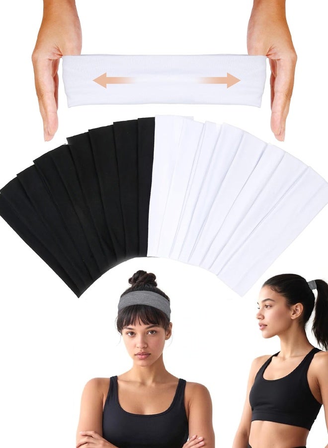 Headbands 16 Pack - Women's Soft Fabric Non-Slip Sweat Bands for Yoga, Running, Sports, and Hair Accessories - Black White Thick Bands - Image 1