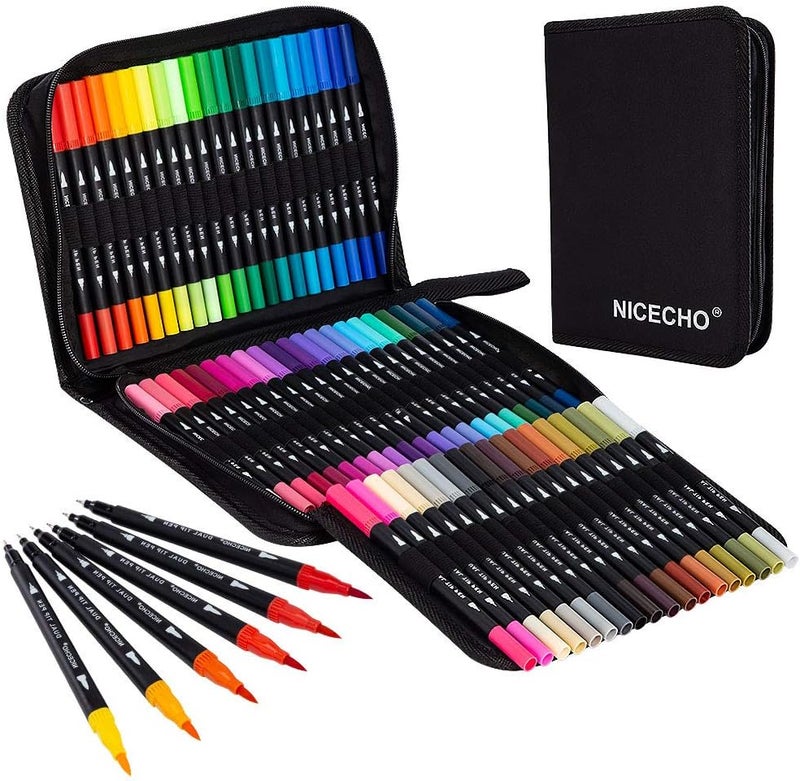 Nicecho Art Markers Dual Brush Pens for Coloring, 60 Artist Colored Marker Set, Fine and Brush Tip Pen Art Supplier for Adult Coloring Books, Bullet Journaling, Drawing - Image 1