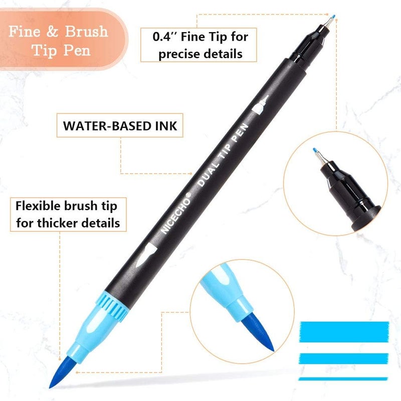 Nicecho Art Markers Dual Brush Pens for Coloring, 60 Artist Colored Marker Set, Fine and Brush Tip Pen Art Supplier for Adult Coloring Books, Bullet Journaling, Drawing - Image 2
