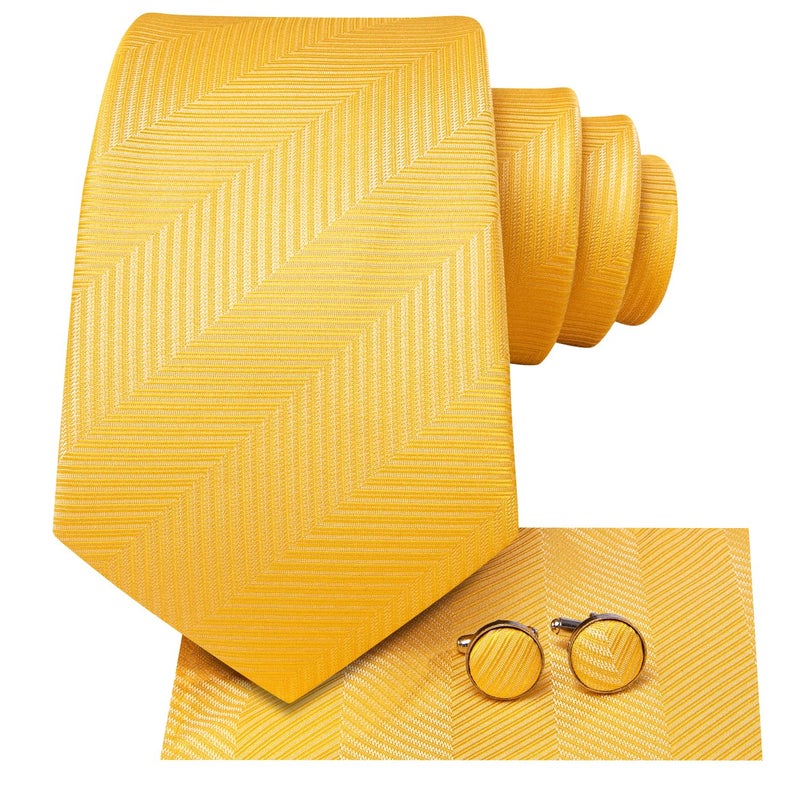 Dubulle Mens Lemon Yellow Tie and Lapel Pin Paisley Striped Floral Necktie for Men Pocket Square Cufflinks Wedding Party - Image 3