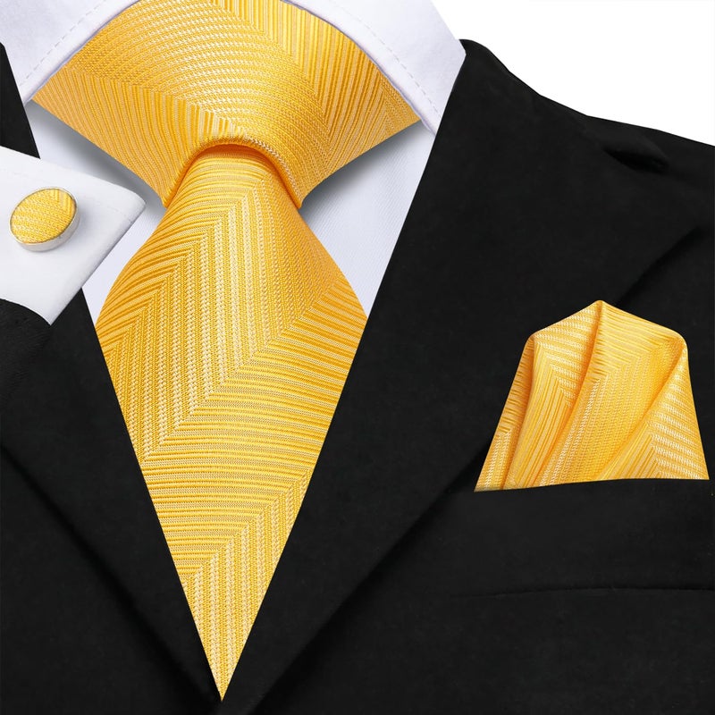 Dubulle Mens Lemon Yellow Tie and Lapel Pin Paisley Striped Floral Necktie for Men Pocket Square Cufflinks Wedding Party - Image 4