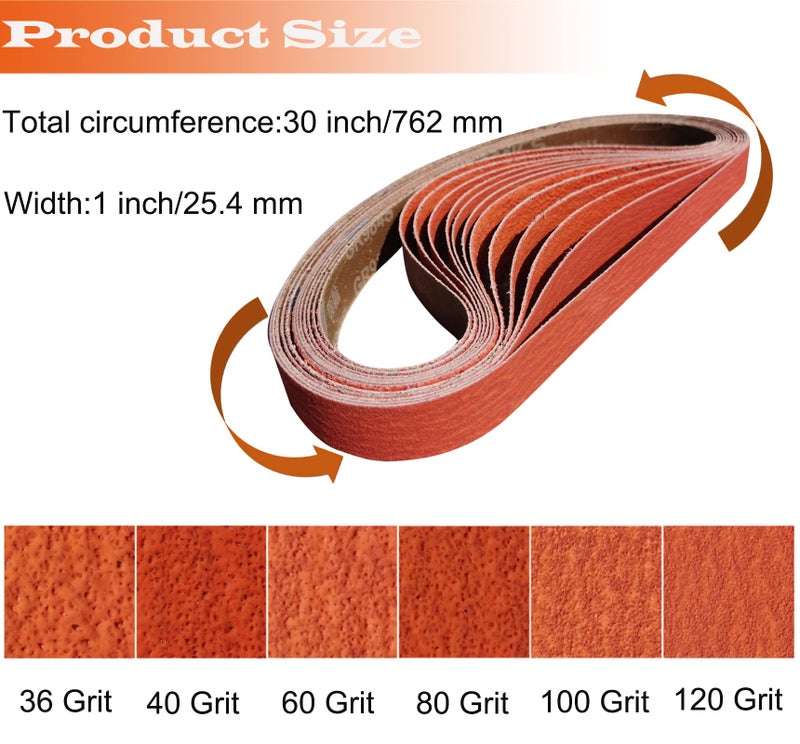 Tonmp 12 Pack 1 x 30 Inch Metal Grinding Ceramic Sanding Belts Kit -2 Pcs Each of 36 40 60 80 100 and 120 Grits Premium Sharpening Sander Belts (1x30 Inch) - Image 2