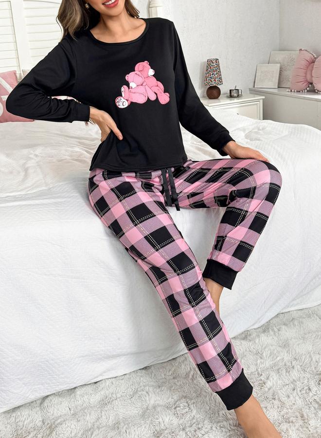 Take Two Black Bear Print T-Shirt and Checked Pyjama Set - Image 1