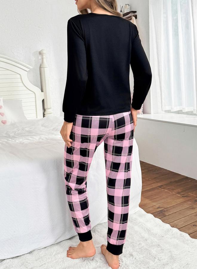 Take Two Black Bear Print T-Shirt and Checked Pyjama Set - Image 2