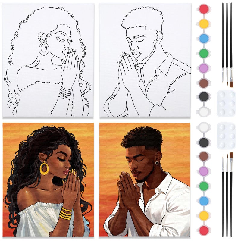 Nuberlic 2 Pack Prayer Man and Woman Pre Drawn Canvas Paint Kits for Adults Couple Sip and Paint Date Night Game Party Flavor Valentines Day Gift Painting Supplies - Image 1