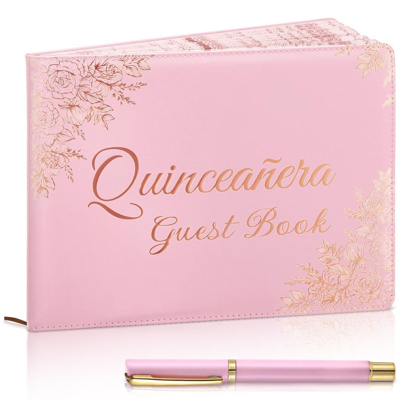 MotiMind Quinceanera Guest Book with Pen 11 x 8 Inch Libro De Firmas Para 15 Anos Quinceanera Leather Hardcover Signature Book Guest Sign in for 15th Party Favors DecorationPink GoldFloral