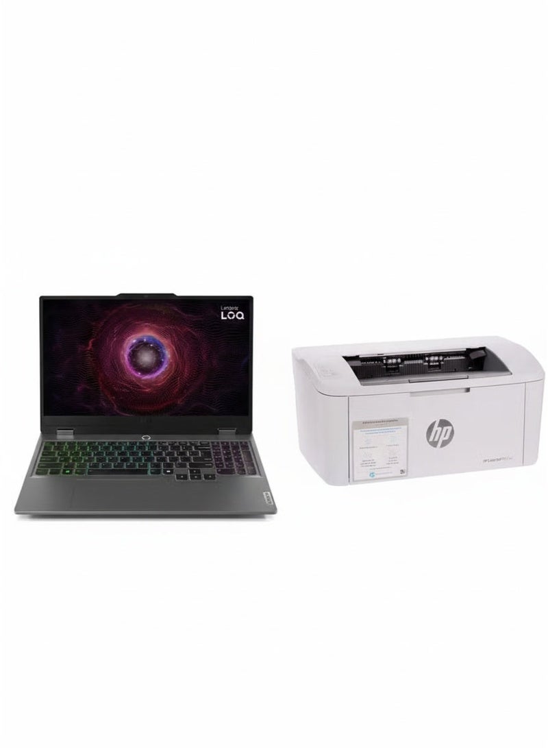 Lenovo LOQ 15ARP9 Laptop, AMD Ryzen 7 7435HS Processor, 15.6 Inch FHD Display, 512 GB SSD, 12 GB RAM DDR5, NVIDIA GeForce RTX 4050 GDDR6 6 GB Graphics, Win11, 83JC00H2ED Luna Grey & LaserJet M111w Black & White Multifunction Localization Printer, Print Speed Up To 20 ppm, 100 Sheets Output Capacity, 8000 Pages Monthly Cycle, USB / Wireless Connectivity and Perfect For Home | 7Md68A - WhiteBundle - Image 1