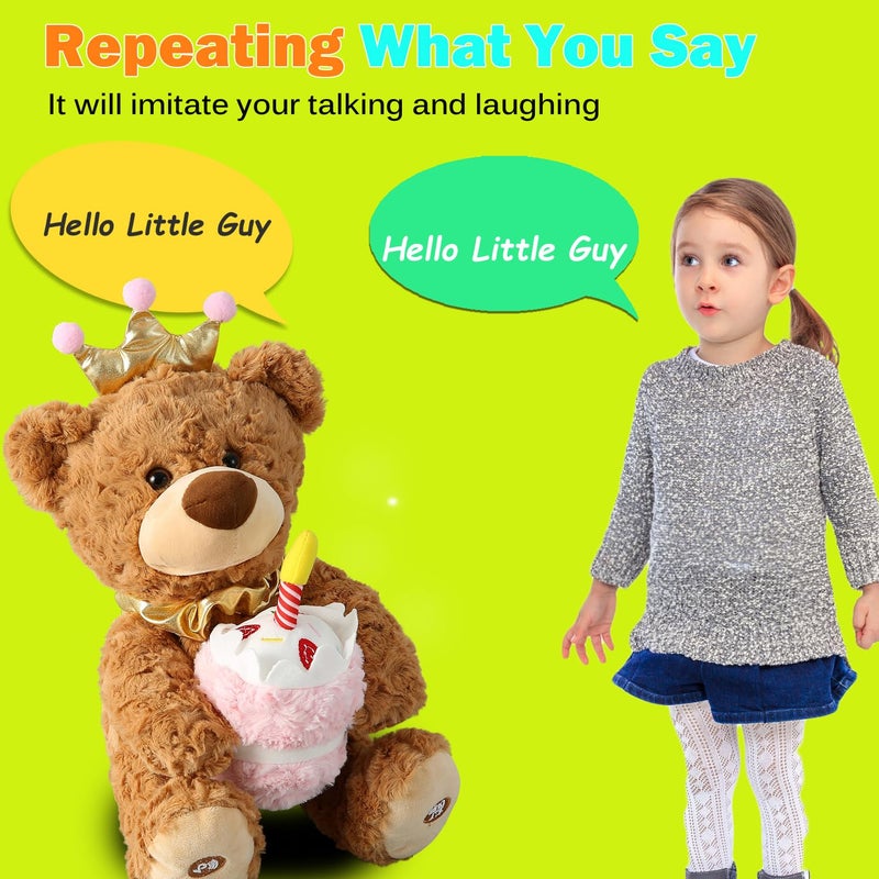 Marsjoy Musical Happy Birthday Teddy Bear with Glowing Cupcake, Animated Plush Toy Singing Dancing Talking Plush Bear Repeating What You Say Recording Toy Stuffed Animal Gift for Girl Kid - Image 2
