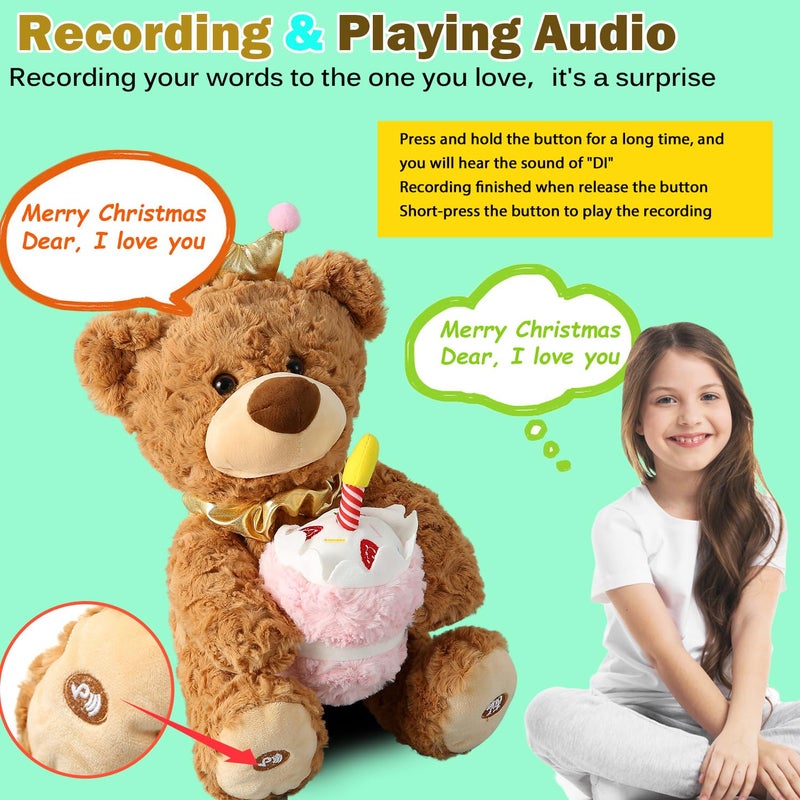 Marsjoy Musical Happy Birthday Teddy Bear with Glowing Cupcake, Animated Plush Toy Singing Dancing Talking Plush Bear Repeating What You Say Recording Toy Stuffed Animal Gift for Girl Kid - Image 3