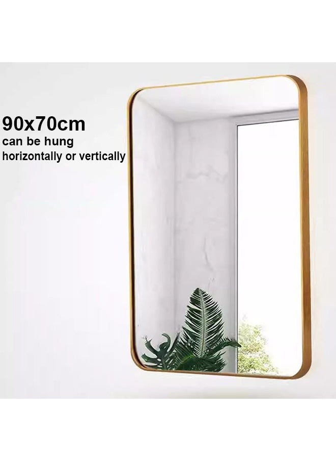 Pack Of 2 Rectangular Wall Mirror with Gold Aluminum Frame, Wall Mounted Mirror with Backlit Touch Control for Bathroom, Living Room, Bedroom, Entryway, Vanity - 90x70cm