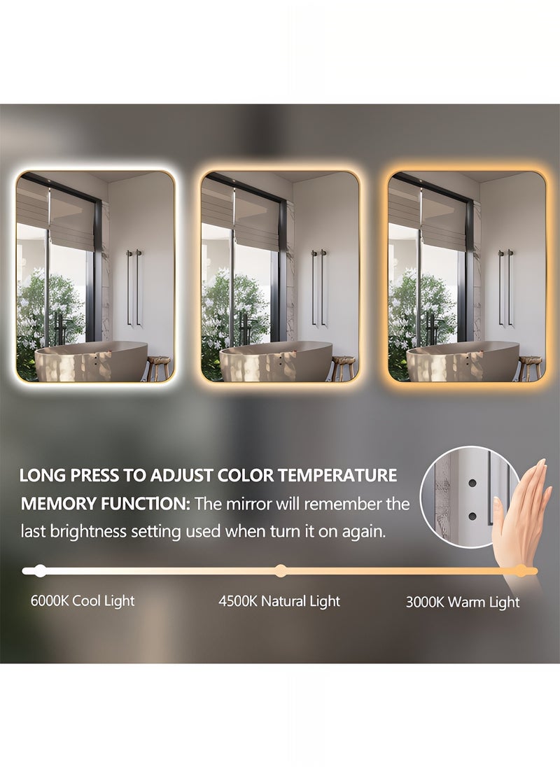 Pack Of 2 Rectangular Wall Mirror with Gold Aluminum Frame, Wall Mounted Mirror with Backlit Touch Control for Bathroom, Living Room, Bedroom, Entryway, Vanity - 90x70cm
