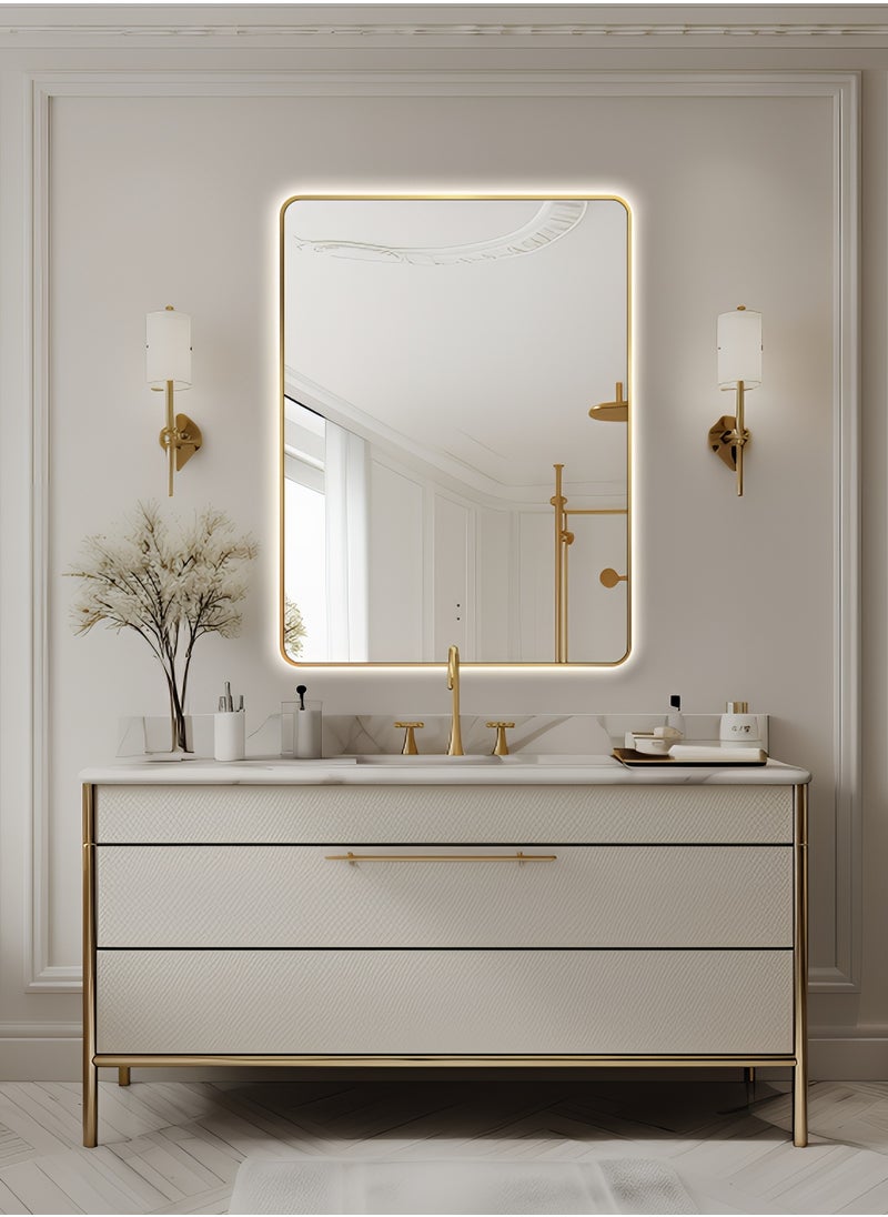 Pack Of 2 Rectangular Wall Mirror with Gold Aluminum Frame, Wall Mounted Mirror with Backlit Touch Control for Bathroom, Living Room, Bedroom, Entryway, Vanity - 90x70cm