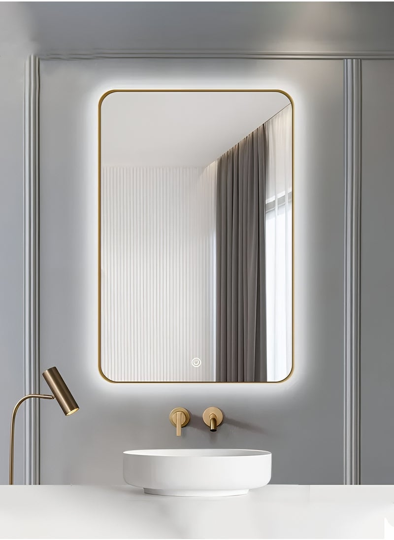 Pack Of 2 Rectangular Wall Mirror with Gold Aluminum Frame, Wall Mounted Mirror with Backlit Touch Control for Bathroom, Living Room, Bedroom, Entryway, Vanity - 90x70cm