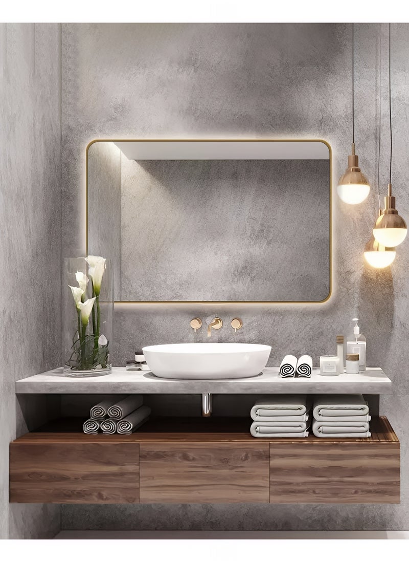 Pack Of 2 Rectangular Wall Mirror with Gold Aluminum Frame, Wall Mounted Mirror with Backlit Touch Control for Bathroom, Living Room, Bedroom, Entryway, Vanity - 90x70cm
